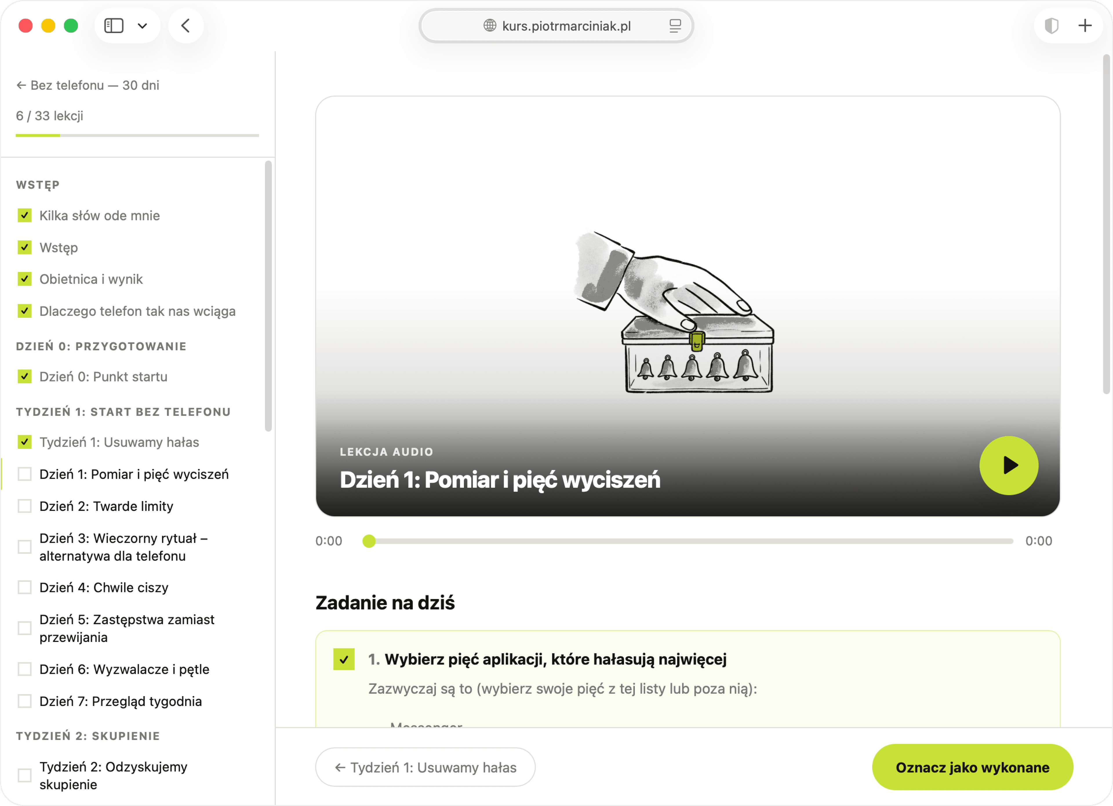 Podgląd lekcji audio na platformie kursu: odtwarzacz, zadanie dnia i lista 30 dni programu